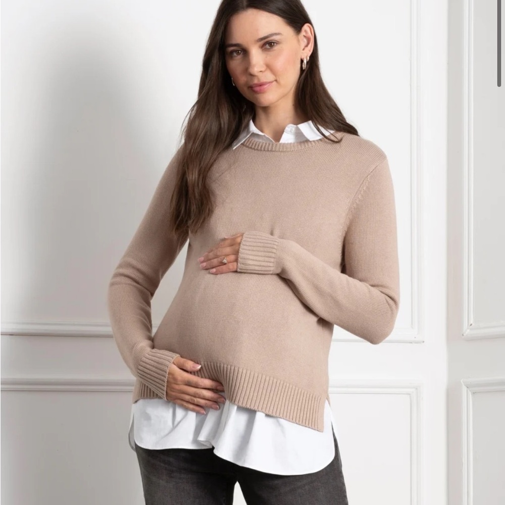 Seraphine maternity sweater with white nursing friendly collared shirt.